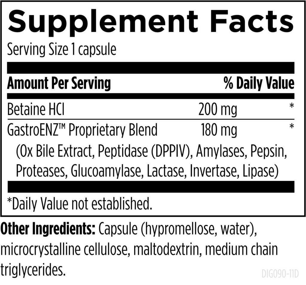 Supplement Facts för Digestzymes™ - betain HCl och GastroENZ enzymblandning