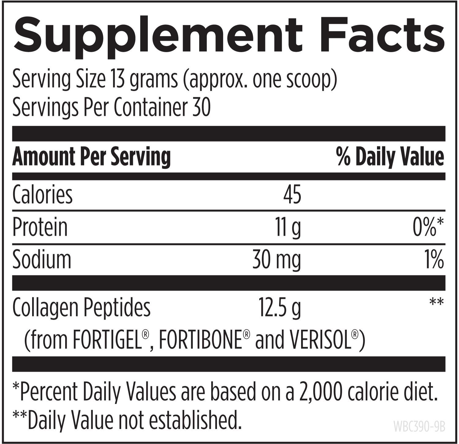 Supplement Facts för Whole Body Collagen® - 10 g hydrolyserade peptider per portion