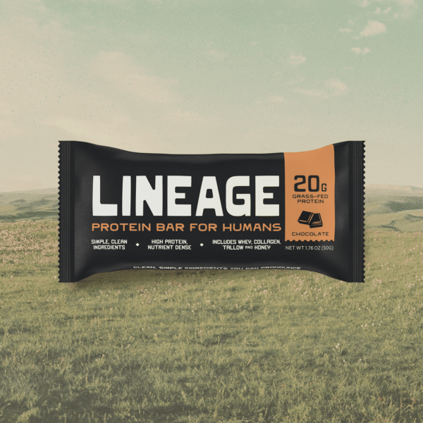Låda med tolv Lineage Protein Bar Chocolate, 20 gram protein per bar