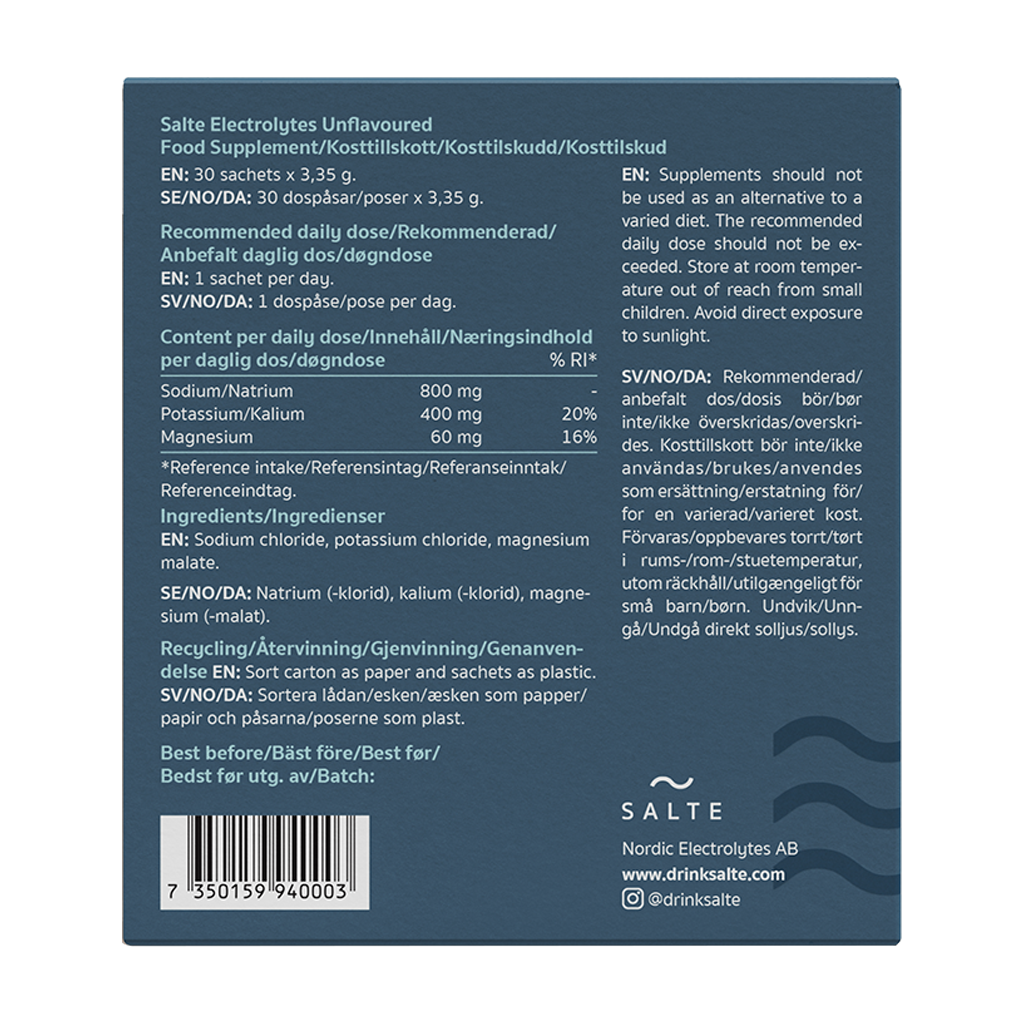 SALTE Elektrolytpulver, förpackning baksida med näringsinnehåll
