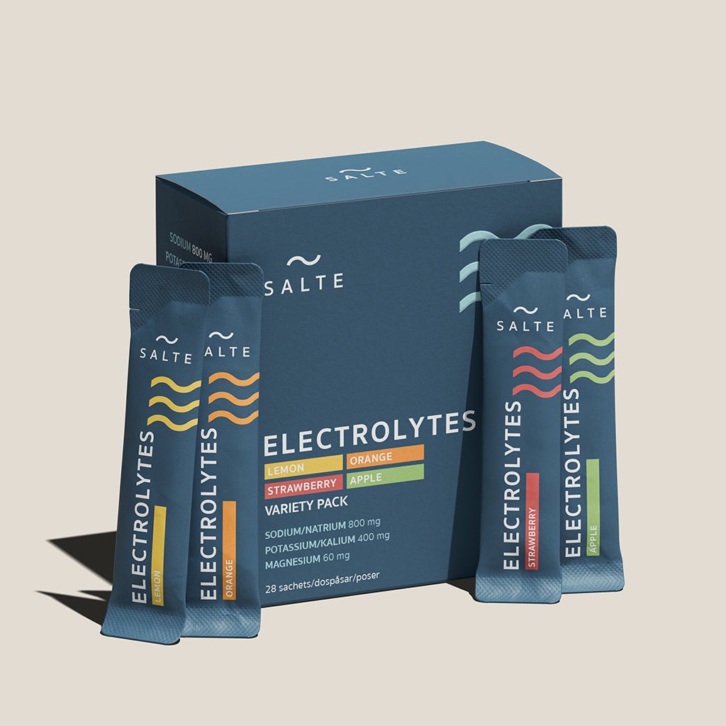 SALTE Elektrolytpulver Variety Pack, förpackning i vinkel
